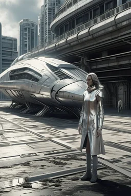 a photorealistic sleek, long, silver spaceship sitting in the street of a dystopian futuristic ruined alien city, with a woman in a silver suit, standing in front