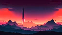 Multiple layers of silhouette mountains, with silhouette of big rocket in sky, sharp edges, at sunset, with heavy fog in air, vector style, horizon silhouette Landscape wallpaper by Alena Aenami, firewatch game style, vector style background