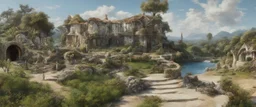 Salvador Dali at a surrealist clock-house market in a beautiful surreal sunny countryside scene with distant hills, many conjoining intricate characterful dwellings (designed by Esher), many paths & walkways & stairways, waterfalls & a waterwheel : ultra high detail, photorealistic, epic cinematic, 8K, Large depth of field