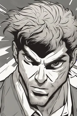 man with scruffy hair, stubble and a very judgmental facial expression comic book style