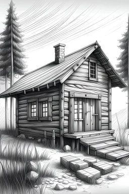 generate an artitect pencil illustration of a nice cabin