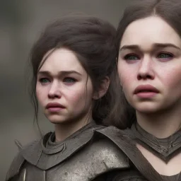 only perfect face detailed and realistic emilia clarke face, wearing dragon armor. fly hair, village, highly realistic, highly detailed, mist around, smoke, particles, fog and fire