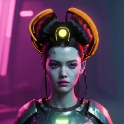 Pretty cyber woman, punk hair, sci-fi, rounded face, black, gold, brown, samurai style, retro, simetric, neon style, a lot of led lights, fog, rain, leather, vibrant color, highly detailed, art stations, concept art, smooth, unreal engine 5, god rays, ray tracing, RTX, lumen lighting, ultra detail, volumetric lighting, 3d, finely drawn, high definition, high resolution.