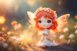 cute chibi fire fairy, flowers, in sunshine, ethereal, cinematic postprocessing, dof, bokeh
