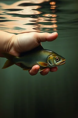 Bosch painting style nightmare a small hand of baby in water holding a fish inside the water