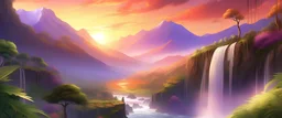 A photorealistic image of a hidden waterfall cascading through a lush rainforest, sunlight filtering through the leavesA wide-angle panoramic shot of a snow-capped mountain range at sunrise, with vibrant purple and orange hues in the sky.