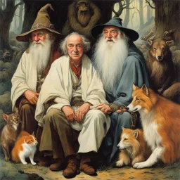 [art by Norman Rockwell: three Middle-earth Istaris are Jonathan Pryce, Sylvester McCoy and Jean Rochefort] Radagast, with his unkempt hair and a menagerie of animals, shared a hearty chuckle with Saruman, the wise and cunning Istari. And there, in the midst of it all, stood Gandalf, a twinkle in his eyes as he joined in the mirth.Their laughter echoed through the night, a rare moment of camaraderie amidst the chaos of their journeys.