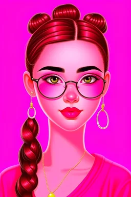 Very pretty girl animation behind a plain pink background with braided hair wearing glasses and earring