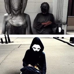 Creepy photo, strange masks, alien, homeless lady