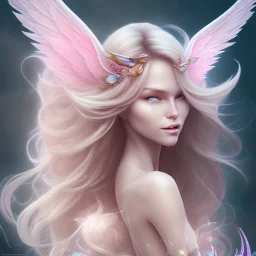  beautiful, soft, big smiling face, pink and brilliant atmosphere, long straight blond hair, big fairies transparent wings in the back