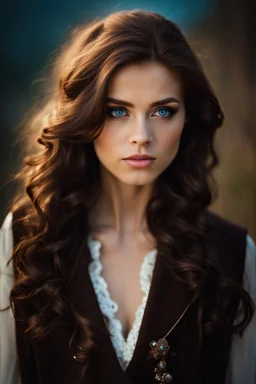 pretty18 year old girl with long wavy chocolate brown side swept hair. Blue eyes. wearing a vest. dark romance fantasy