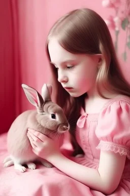 girl with a rabbit, in pink tones, referring to Alice in Wonderland, pale tones, behind the girl a carava also in pink, photography