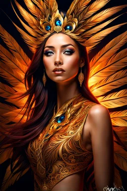 acid lighting, from below, hyperdetailed, hyper realistic, epic action full body portrait Incredible beautiful of Firebird girl with the merger between gold and fire, lohypnotic opinion, fractal hair and feathers, detailed face, inquisitive soul | inspiration | gold colors, intricate detailing, surrealism, fractal details, enigmatic flirty smile, view from back, dressed in complex chaotic diamond outfit, artificial nightmares style, reflective eyes, detailed eyes, Low cut dress