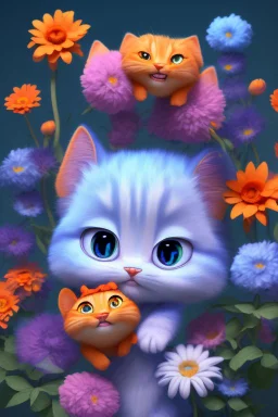Blue and orange chibi pixar cats with big lifelike eyes and flowers
