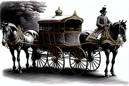 Fiacre, landauer carriage with two horses in Vienna. Pencil sketch. Realistic.