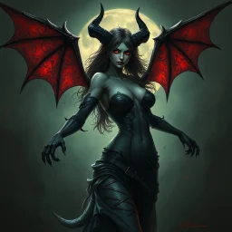 female demon, dark fantasy, realism, stylised, fantasy, mystery