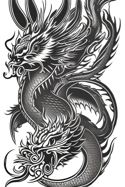 Japanese tattoo template consisting of a dragon, and then a rooster and then a rabbit