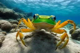 This shot was taken underwater by me while snorkeling in Corsica . As you can see the poor crab is not entirely happy to see me that close to him - probably fears he will get eaten. How could he know I am vegetarian and don't eat seafood?!