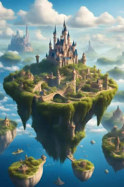 Fantasy World floating in the sky with islands connected with bridges Disney version with 4 Islands floating with a City with Alot of Island with Castle in background