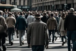 hombre caminando por el centro de una ciudad entre personas que vienen y van- Fotografía realizada con cámara Leica y objetivo 50 mm.