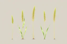 concept art of six low poly stylized alien dry single leaf tall grass on a neutral background. Strange fictional extraterrestrial flora with unusual shapes