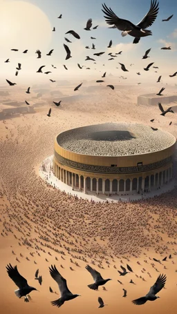 Many birds in the sky, flying above the Kaaba, carrying stones in their legs, around them is desert