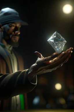 diamond levitating between a magicians hand, arab clothing, rockstar portrait, photo-realistic, shot on Hasselblad h6d-400c, zeiss prime lens, bokeh like f/0.8, tilt-shift lens 8k, high detail, smooth render, down-light, unreal engine 5, cinema 4d, HDR, dust effect,, smoke