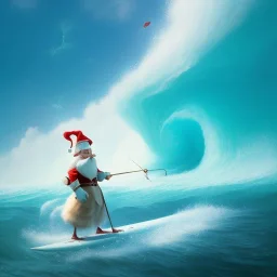 Santa standing of surfboard surfing a big wave, surfboard, beach, character design by cory loftis, fenghua zhong, ryohei hase, ismail inceoglu and ruan jia. unreal engine 5, artistic lighting, highly detailed, photorealistic, fantasy