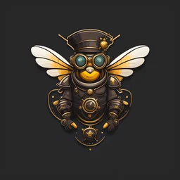 logo of a bee full body from profile, wearing steampunk googles and hat, flat cartoon style dark background