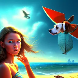 beach with boat, tanned girl with tiny wings and dog, fantasy art, movie poster, framed