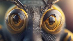 Photoreal close-up of wasp with human eyes cinematic lighting