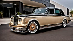 A sleekly designed (((Customized gangsters lowrider Rolls Royce Silver Shadow))), adorned with intricate modern modifications and luxurious details that evoke a timeless elegance blended with contemporary flair