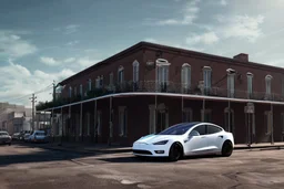 A Tesla 'Model S' is parked, on the streets of New Orleans. (CINEMATIC, WIDE ANGLE LENS, PHOTO REAL)
