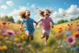 children run and laugh in the summer meadow, surrounding colors flowers, meadow, Happy and harmony vibe, blu sky and the little wind. high detailed, sharp focuses, photorealistic, cinematic