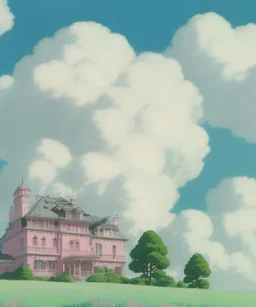 victorian house, rabbits playing hide and seek, pink clouds, perfect composition