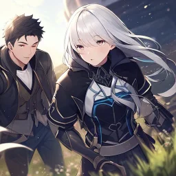 Girl with white hair. Boy with black hair wearing leather. Field