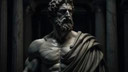 Marcus Aurelius, closeup of stoic greek statue with very muscular body from front, strong arms, Zeus style, stone carving, greek columns blurred behind, cinematic, 8k, dark background