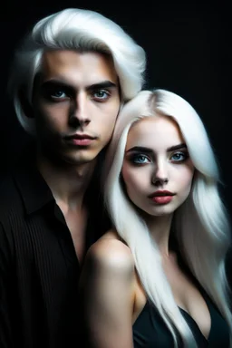 A beautiful young woman with white hair and blue eyes, her arms pinned above her head by a man with very long black hair.