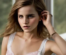 Emma Watson, in underwear, smoking by the window, rear view, full height, high detail, realistic, not to be distinguished from a photo, realistic, not to be distinguished from a photo, identical pupils, photorealistic illustration