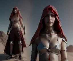 Animated, woman, Arabic face veil, armor, choker, hands, gauntlets, x, sword, longsword, chainmail, red beads, desert, pyramid