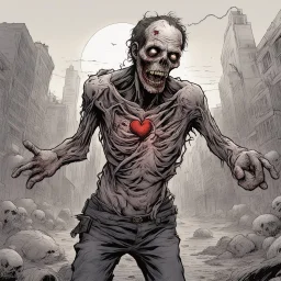 Rotting Zombie making the 'heart hands' hand gesture, concept art, dystopia background, clear, fine line art, artistically dramatic, complex contrast, modern comic book illustration, by Robert Kirkman "The Walking Dead " aesthetic,