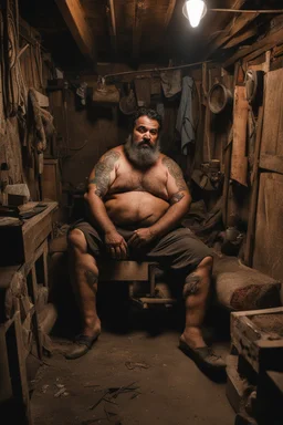 full figure shot photography of a 49-year-old turkish chubby heavyset tattoo very hairy sweaty worker sitting spread-legged in an old sofa inside a construction site shed, big shoulders, boots, dressed in bulging shorts,shirtless, stubble, big manly legs, hairy chest, serious eyes, midnight, dim neon lights illuminating and shine on the beards of sweat that fill his large chest, photorealistic , ambient occlusion, view angle from the ground