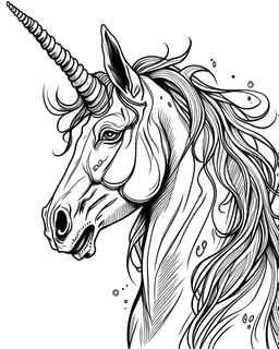 b/w mock up unicorn two ears page low detail correct character white background wide mane