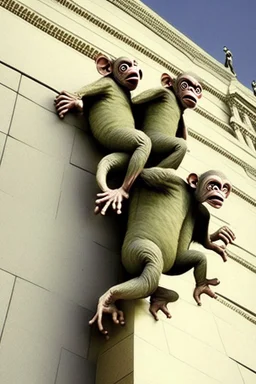 several weird monkey-like creatures climbing up the capitol building wall