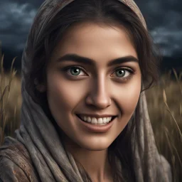 Hyper Realistic Close-up-view of Young-Happy-Pashto Woman with beautiful eyes angrily-Smiling on riverside & long-grass-&-dry-trees at dark-cloudy-night with dramatic ambiance