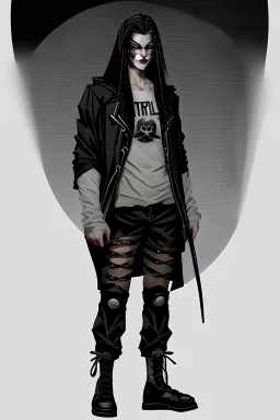 The Night Owl is a dark-looking man. He has long black hair pulled back in a ponytail, pale, almost white eyes, and a scar on his right cheek. He is wearing a dark hooded jacket, black pants and flat shoes. In his hand he holds a steel chain baton, which he can use with extraordinary dexterity. He's a man.