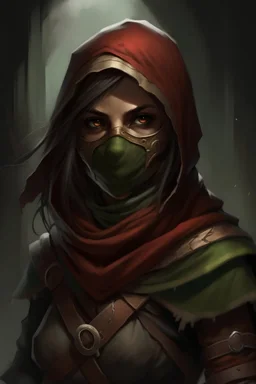 dnd, fantasy, high resolution, portrait, cultist rogue female with mask, looting