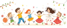 whimsical illustration of children playing and dancing. children's book style, on a white background