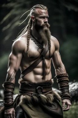 a muscular topless barberic viking in leather trousers and a skirt made from bearskin, temple shave followed with braids, in the wilderness