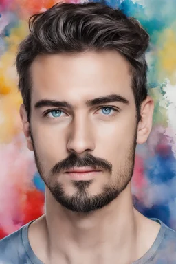 facial portrait, wide set blue eyes, large, curved down nose, big lips, square jawline, bushy eyebrows, dark brown hair, gray sideburns, goatee, a bright, extremely colorfull professiona quality digital photograph, multicolored watercolor stained wall in the background